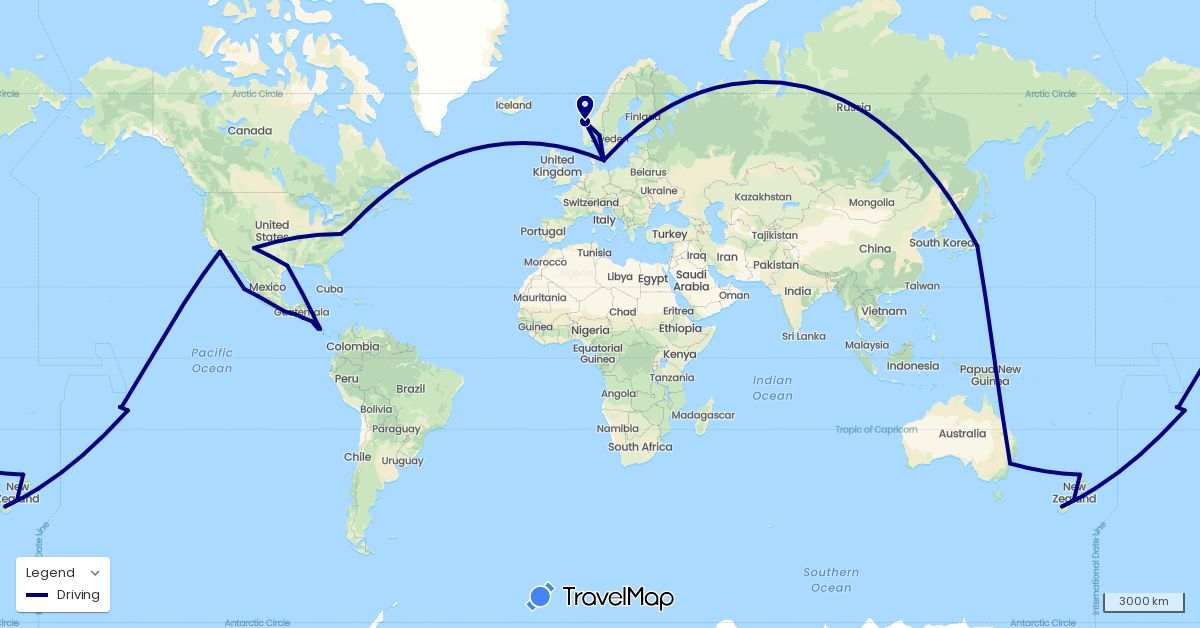 TravelMap itinerary: driving in Australia, Costa Rica, Denmark, France, Japan, Mexico, Nicaragua, Norway, New Zealand, El Salvador, United States (Asia, Europe, North America, Oceania)